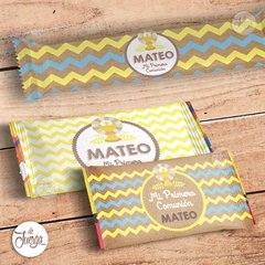 Kit Primera Comunión Niño papel madera, celeste y amarillo para imprimir en internet