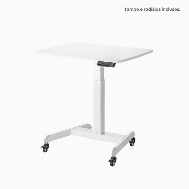 foto mesa compacta com regulagem de altura slikdesk flex 2, estrutura branca, tampo branco em fundo branco