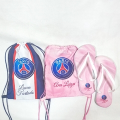 Kit sacochila+Chinelo para lembrancinha no tema Paris Saint Germain