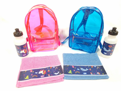 Kit com Mochila + Squeeze + Toalhinha Neon lembrancinha para festa de aniversario