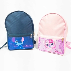 Mochila com bolso no tema Stitch e Angel para lembrancinha