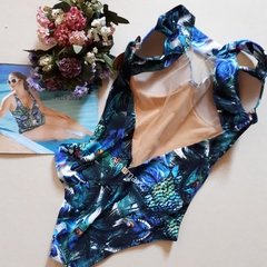 Maiô em Estampa Floral Azul com Detalhe de Transparência em Tule - comprar online