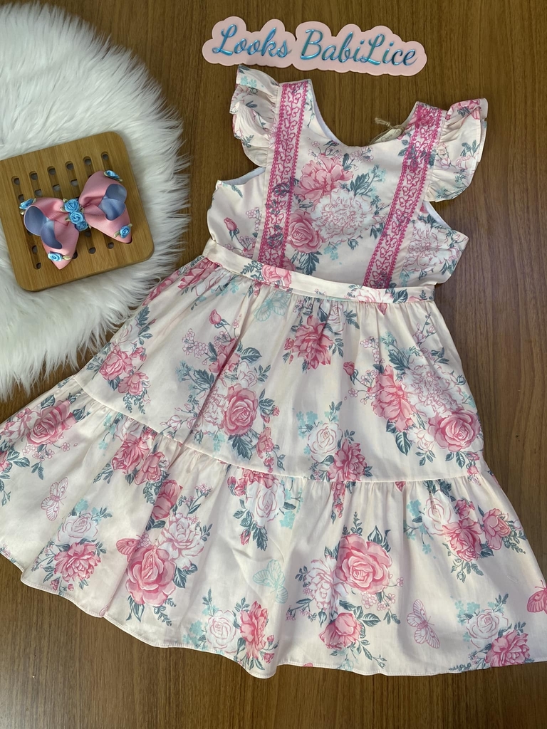 Vestido Infantil em Tecido Natural com Flores e Bordados Petit Cherie  Natural