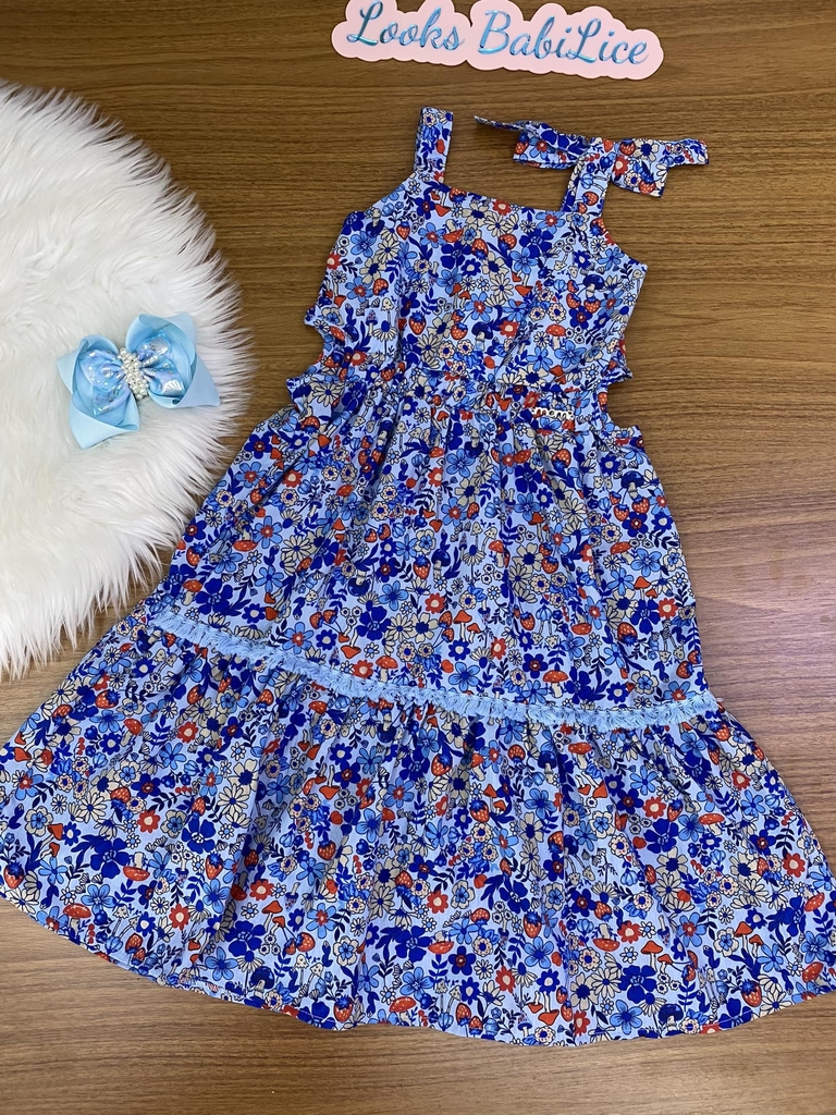 Vestido Longuete Infantil em Tecido FLORIDO Azul - Momi