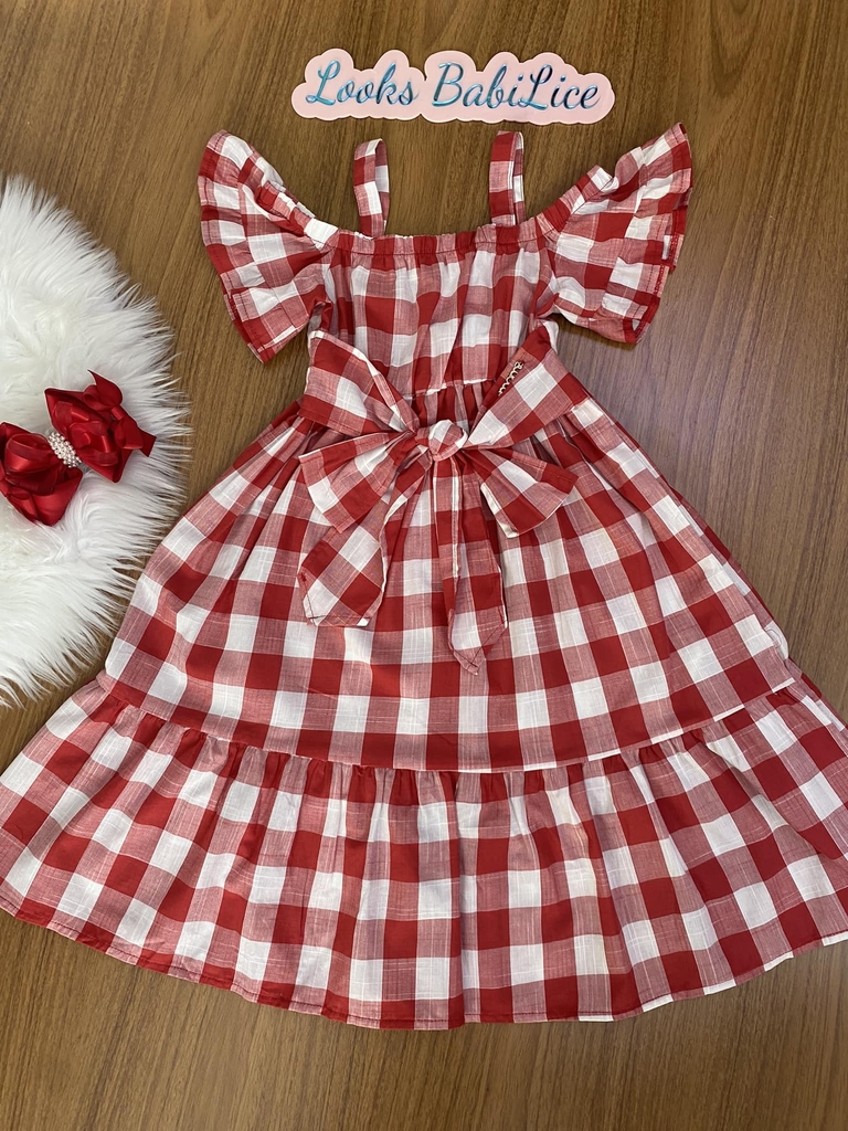 Vestido Infantil Estampado Xadrez Vermelho e Branco Com Aplicação