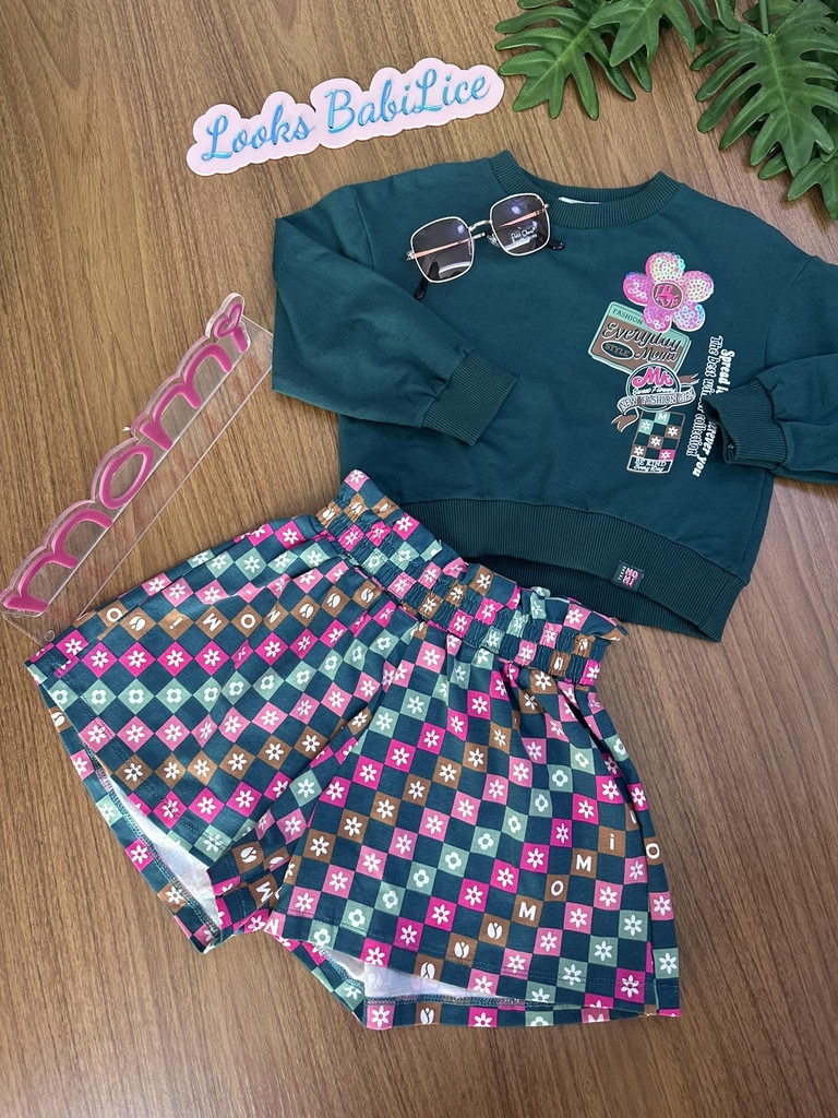 Conjunto Infantil Menina com Blusão e Shorts XADREZ COLORIDO - Momi