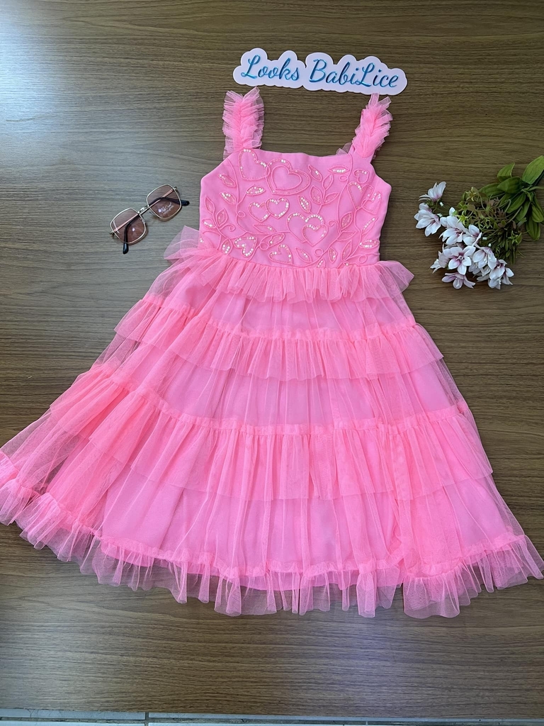 Vestido de Festa Infantil de Alças e Bordado ROSA NEON - Petit Cherie