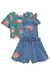 Imagem do Jardineira Infantil Jeans e Blusa Verde Estampada- Kukie