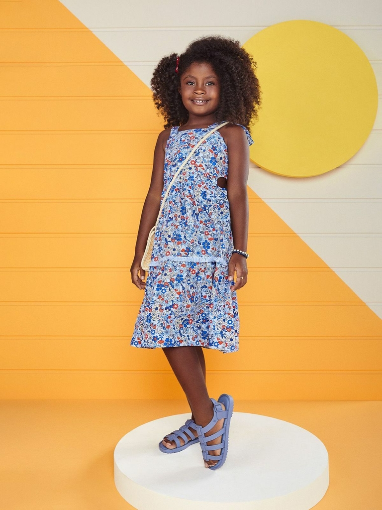 Vestido Longuete Infantil em Tecido FLORIDO Azul Momi