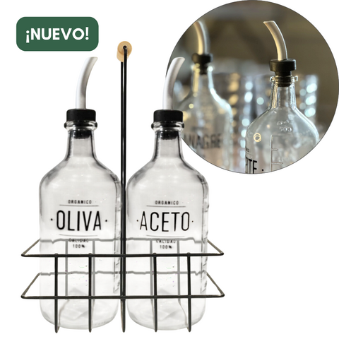 Set de Botellas para Oliva y Aceto en Canasta