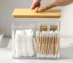 Caja Organizadora Acrílico Accesorios hisopos tapa bamboo