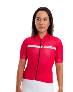 Camisa Ciclismo Feminina Sport Marcio May Red Bland Line Foto com Modelo Detalhes