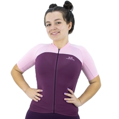 Camisa de Ciclismo Feminina Márcio May Race Rosa/Figo Foto com Modelo Frente