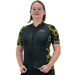 Camisa de Ciclismo Feminina Sport Marcio May Black Geometric Foto com Modelo Frente