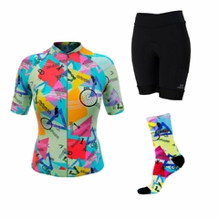 Conjunto de Ciclismo Feminino Camisa e Meia Funny Colorfull Ride + Bermuda Race Carbon