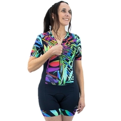 Macaquinho de Ciclismo Feminino Márcio May Funny Water Color Leaves Foto com Modelo Frente