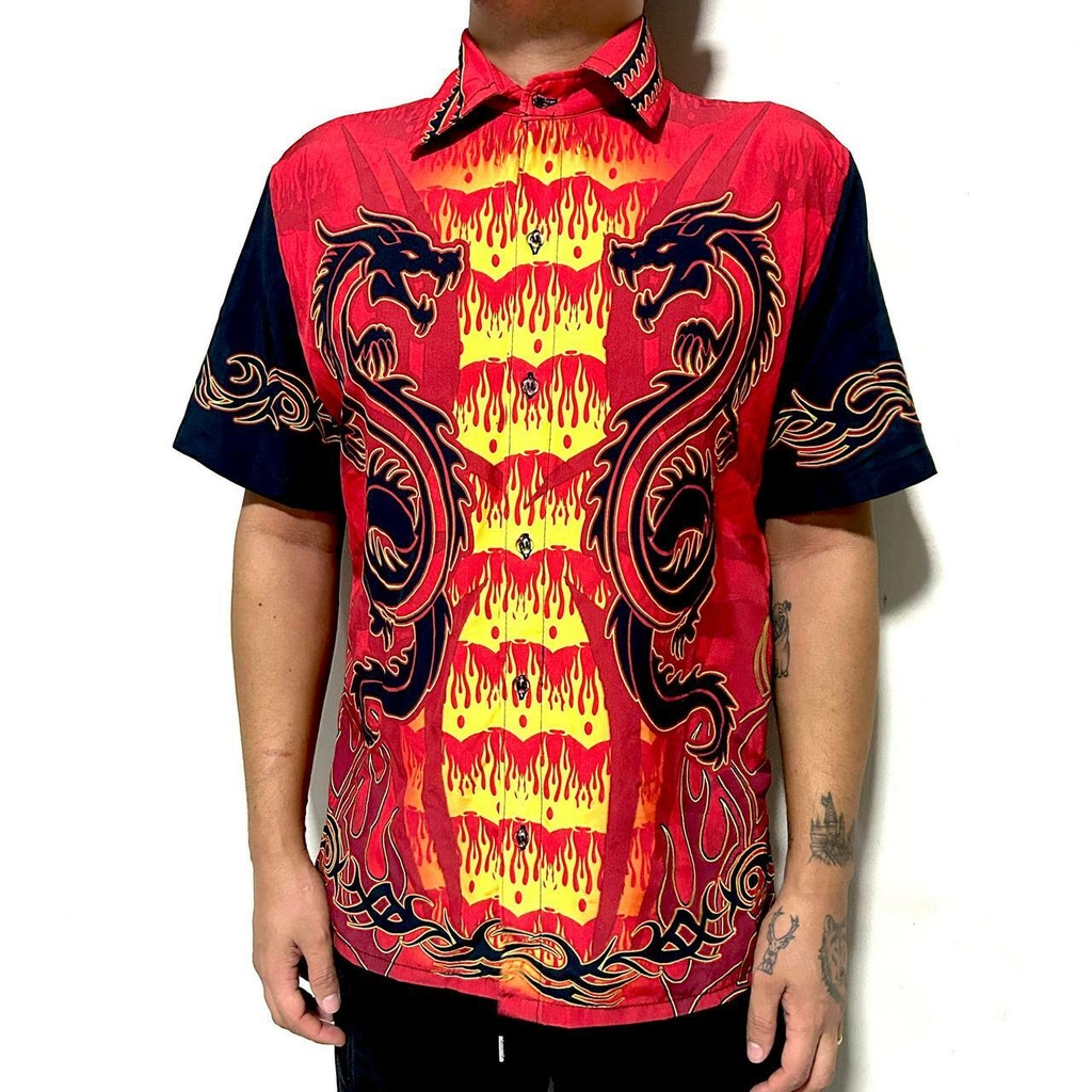 Camisa de botão dragão japonês fogo asthetic tumblr