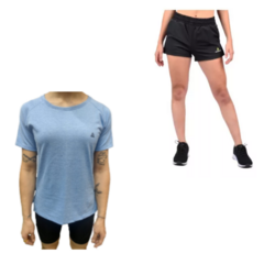 Remera Uma Deportiva Mujer Celeste REMERAUMA + Short Microfibra Negro SHDAMA