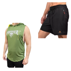 Musculosa Verde Deportiva Hombre Punisher + Short Microfibra Shmicro Negro