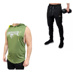 Musculosa Verde Deportiva Hombre Punisher + Pantalón Microfibra Negro Pmicrolux