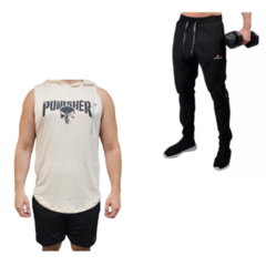 Musculosa Deportiva Hombre Punisher Crudo + Pantalón Microfibra Negro Pmicrolux