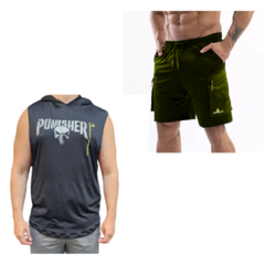 Musculosa Deportiva Hombre Punisher + Short Cargo Con Bolsillos Verde