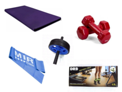 Combo gym! colchoneta+manc 2kg x2+rueda+tiraband+tobilleras 1.5kg