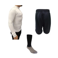 Combo F! Camiseta Térmica Blanca + Short Negro Adulto + Media de Futbol Negra