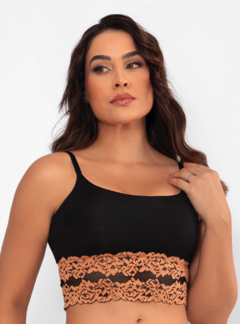 Top Com Bojo Removivel Com Renda Glam Wave Preto/Ouro 5310