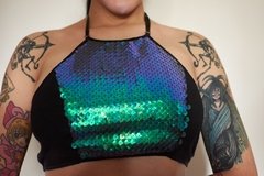 Corpiño/Top con lentejuelas tornasoladas/holográficas verdes/azules con algodón y Lycra negro