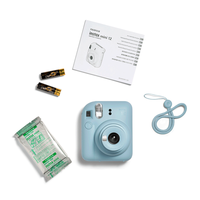 Kit Câmera Instax Mini 12 Azul com pack 10 fotos Macaron e Bolsa - loja online