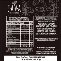 Chocolate Vegano 70% Low Carb Eritritol Java 80g Caixa Com 6 - comprar online