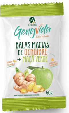 Kit com 12 pacotes Balas de Gengibre Mastigável Maçã Verde Ardrak 50g