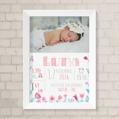 Quadro Nascimento Menina Floral com Foto Vertical