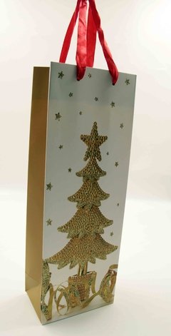Sacola Para Vinho Presente Tema Natal 13x36 Dourada Luxo - Mundo Variedades