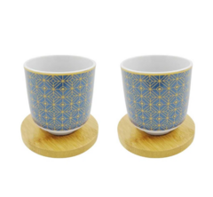 Xicara Pires Azul Porcelana e Bambu 110ml 04 Peças Kook