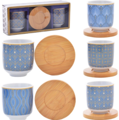 Xicara Pires Azul Porcelana e Bambu 110ml 04 Peças Kook - comprar online