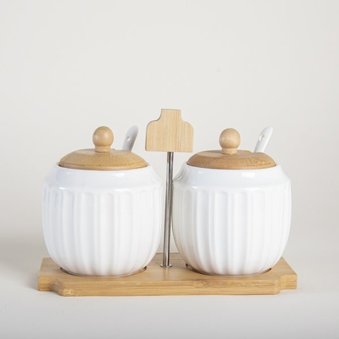 Set x2 azucareras porcelana con base bamboo