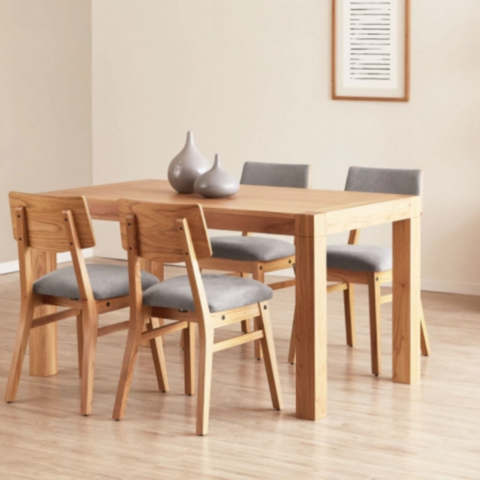 Juego de comedor mesa tapa blanca extensible madera paraíso modelo Contemporánea 155 cm a 215 cm + 4 Silla OSAKA madera de paraíso asiento y respaldo tapizado GENOUD