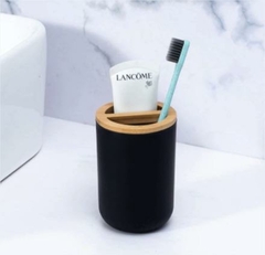 VASO NORDICO NEGRO PORTA CEPILLO CON TAPA DE BAMBO