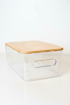 CAJA "ISABELLA" TRANSPARENTE "M" CON TAPA DE BAMBOO Y ASAS - comprar online