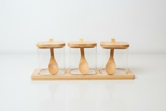 SET x3 FRASCOS DE VIDRIO "CAPRI" CUADRADOS CON TAPA Y CUCHARITA DE BAMBOO CON BASE DE MADERA - tienda online