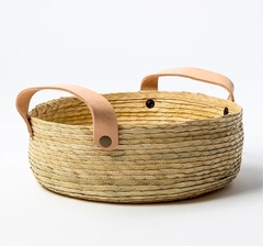 PANERA DE PALMA "BALI" REDONDA CON MANIJAS DE CUERO 18 CM - comprar online