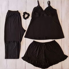 TRIO Pijama Musculosa + Pantalon + Short Hinda NEGRO - comprar online