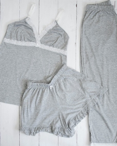 TRIO Pijama Musculosa + Pantalon + Short Hinda Gris