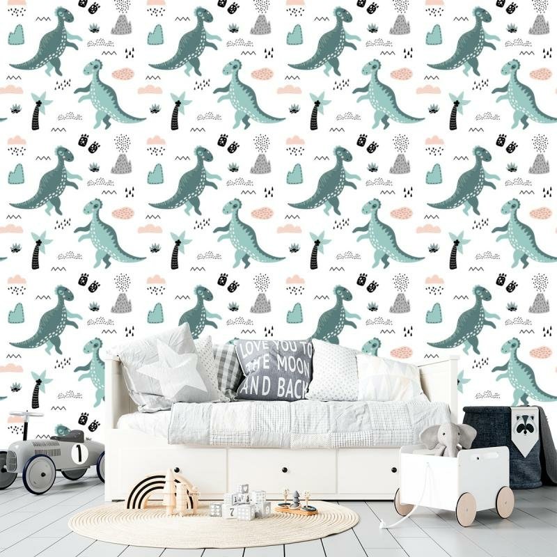 Papel de parede infantil Dinossauros verde