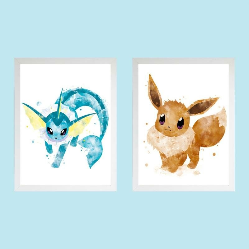 Quadro decorativo com moldura e vidro anime Pokémon Eevee Vaporeon