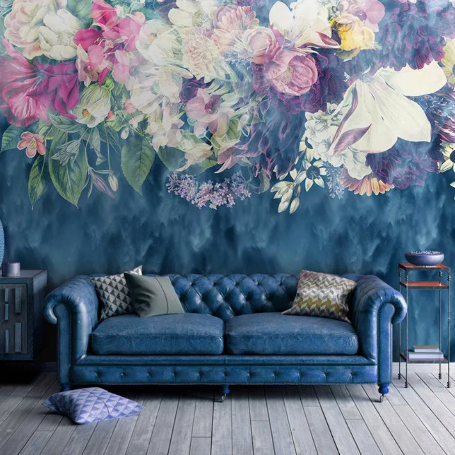 Mural de parede Jardim Roxo - flores e círculos em fundo com desenhos  pintados aquarela - Flores - Murais de parede
