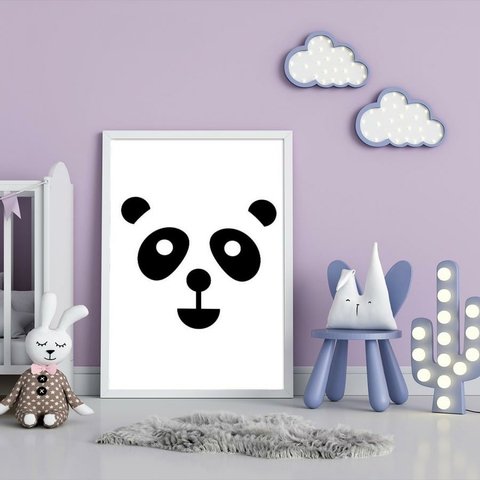 Panda Desenho Animais Roxo Quadro Moldura Branca 60x40cm