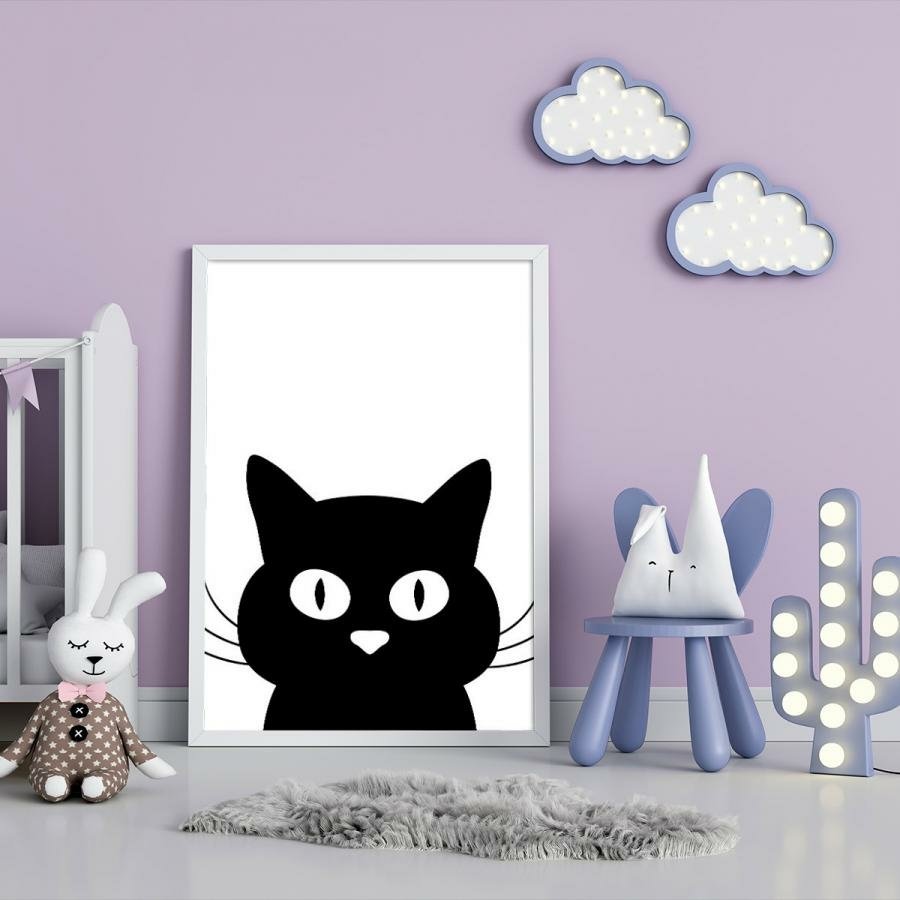 Quadro decorativo 2 telas Gato desenho animado preto branco